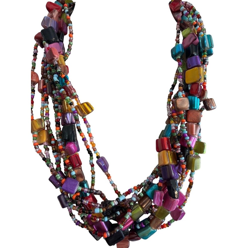 Vtg Multicolor Layered Beaded Necklace Chunky Seed Beads Dyed Shell 17" Estate